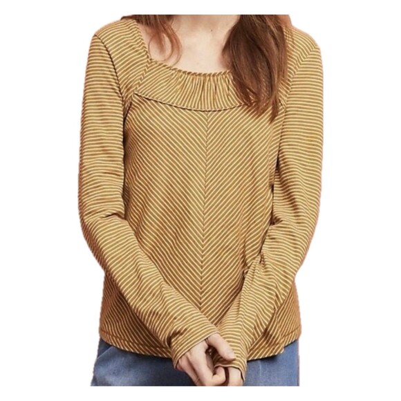 MaEve Anthropologie NWT Kenley Mini Pleats Neckline Stripe Long Sleeve Top L - Picture 1 of 8